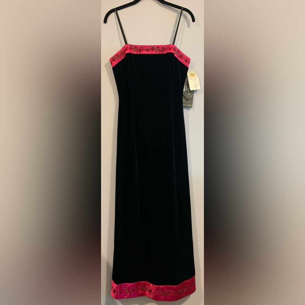 NWT, Vintage Papell, Bridgerton Style, Black Velvet, Pink Ribbon Trim Maxi, Sz 6